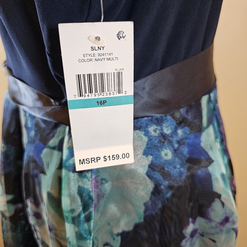 SLNY Navy Floral Mixed-Media Organza Gown - 16P NWT - Picture 7 of 10